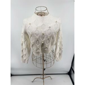 Maria Pavan Women’s White Faux Pearl Embellished Sweater Long Sleeve Size Small